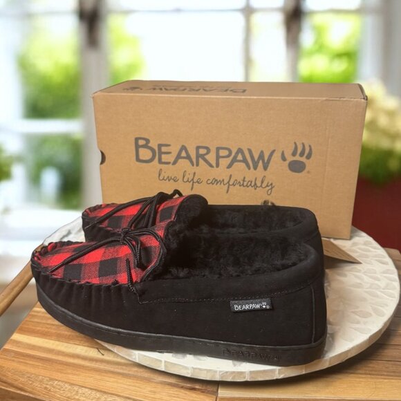 BEARPAW Moc II Slippers Buffalo Plaid Knit NeverWet Fleece Mens 10 Indoor Outdoo - Picture 7 of 12
